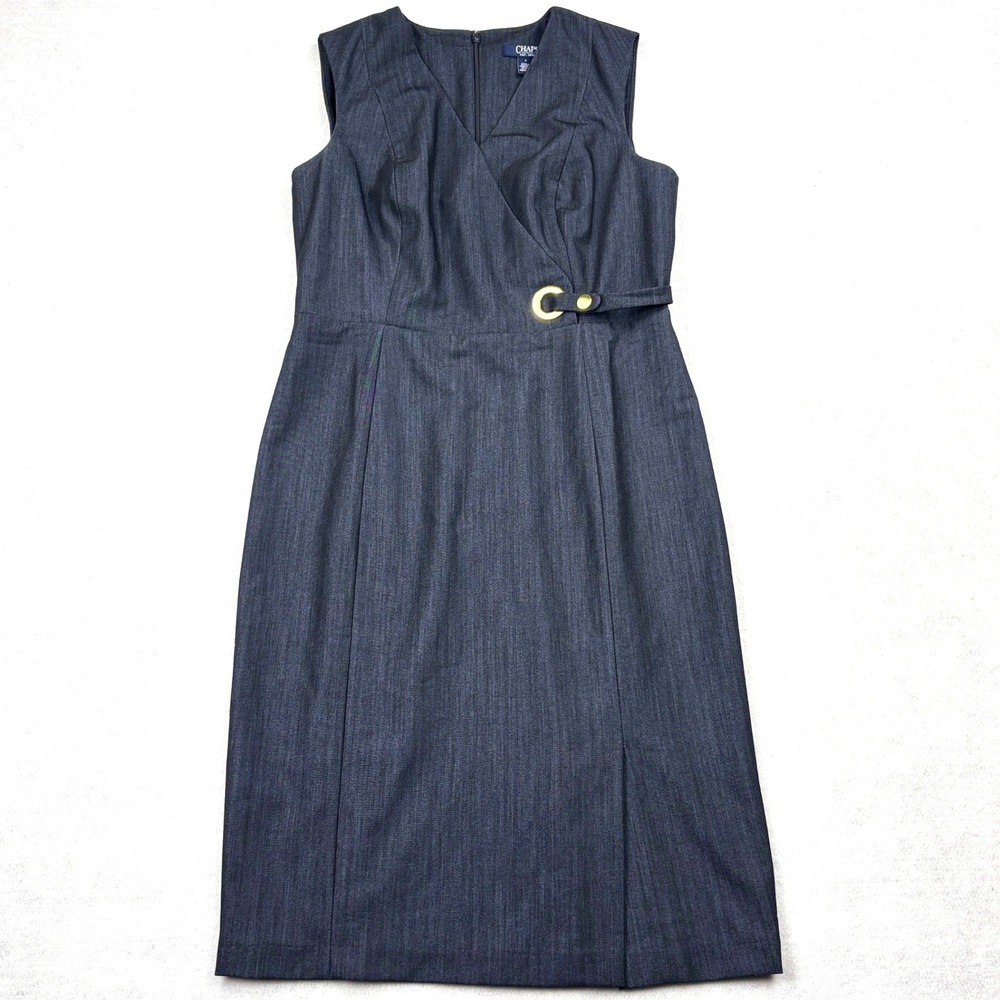 Chaps Dress Womens 4 Blue Denim Look Faux Wrap Sheath Gold Ring Stretch CHOD1177